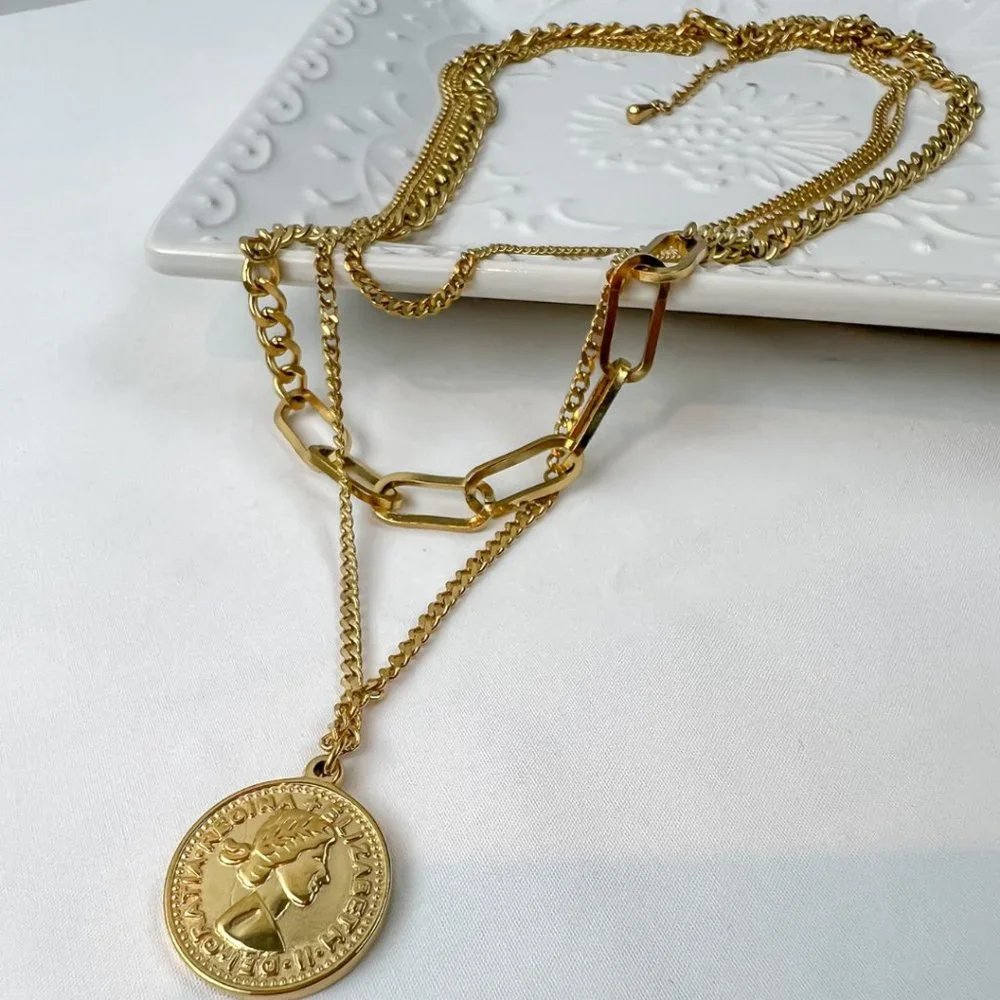 3 Layer Gold Coin Necklace Gold Layered Necklace - Picture 9 of 10